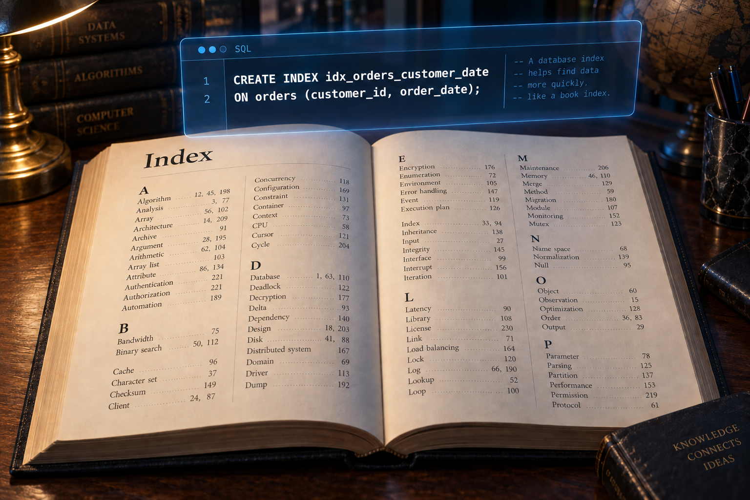 An open book index with bold white SQL index code overlaid above it.